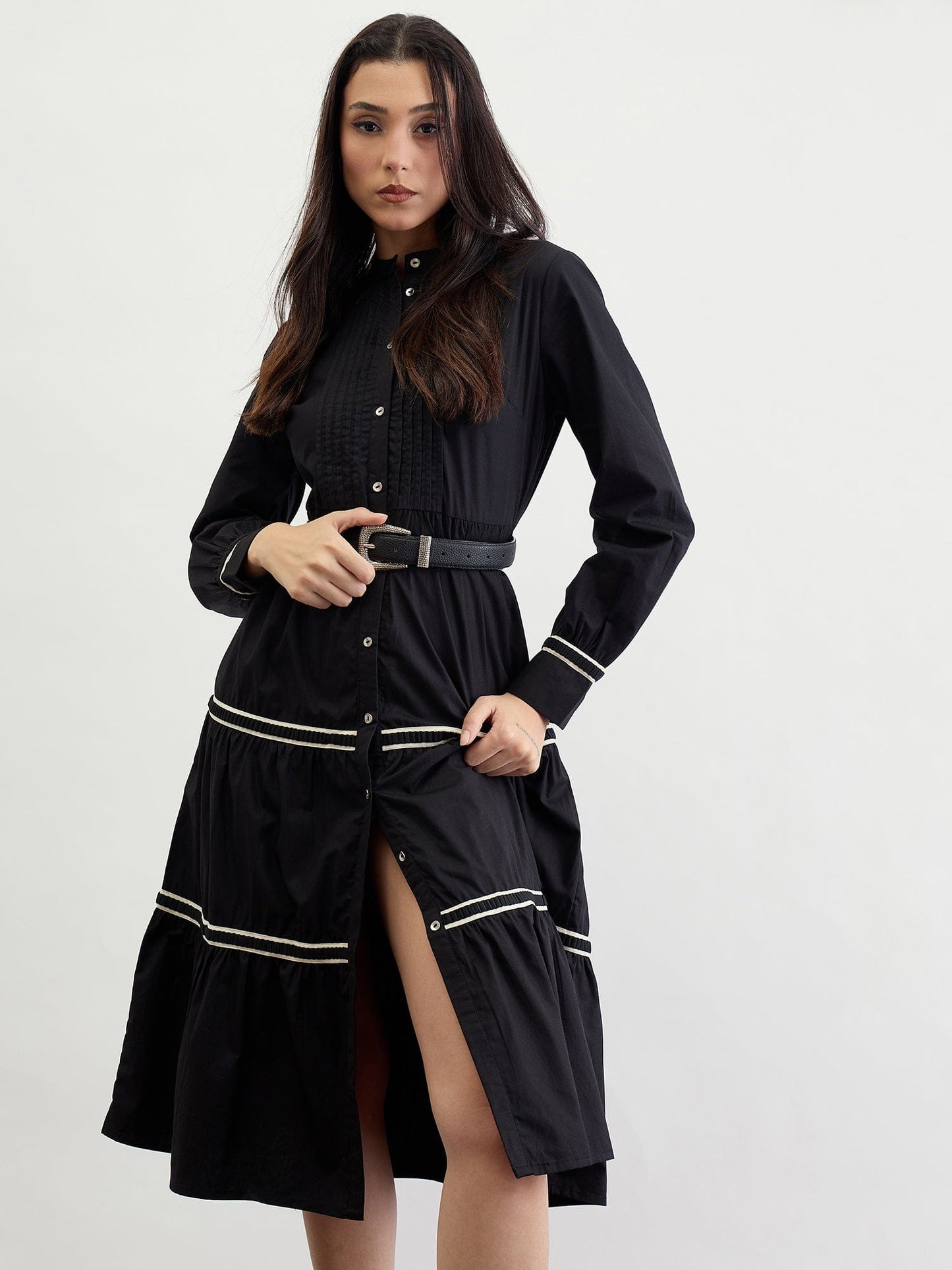 Iconic Women Black Solid Band Collar Dress