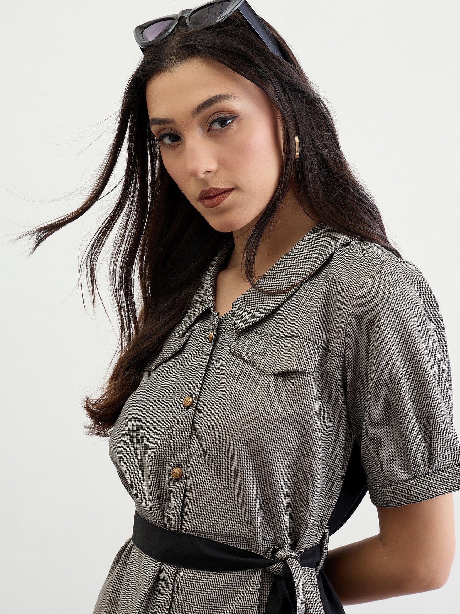 Iconic Women Black Solid & Checks Collar Dress