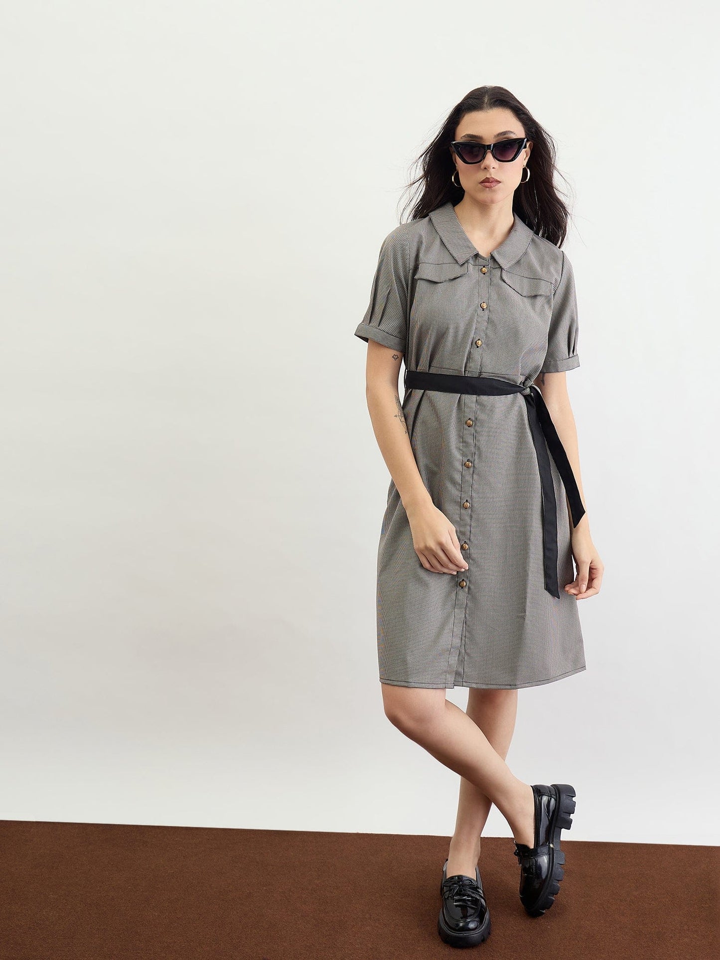 Iconic Women Black Solid & Checks Collar Dress