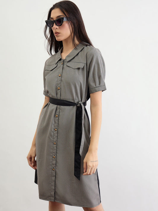 Iconic Women Black Solid & Checks Collar Dress