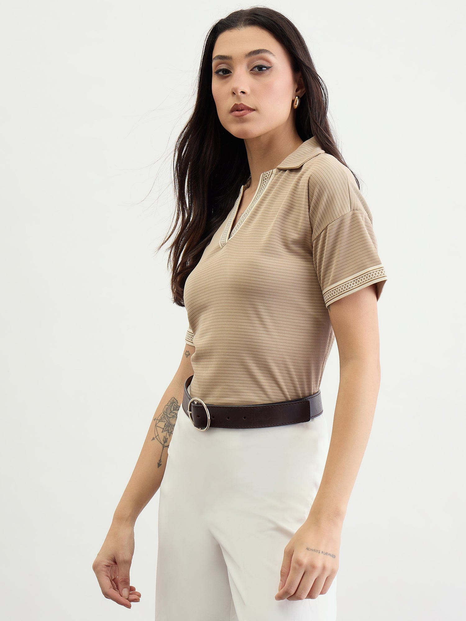 Iconic Women Beige Textured Johnny Collar Tshirt