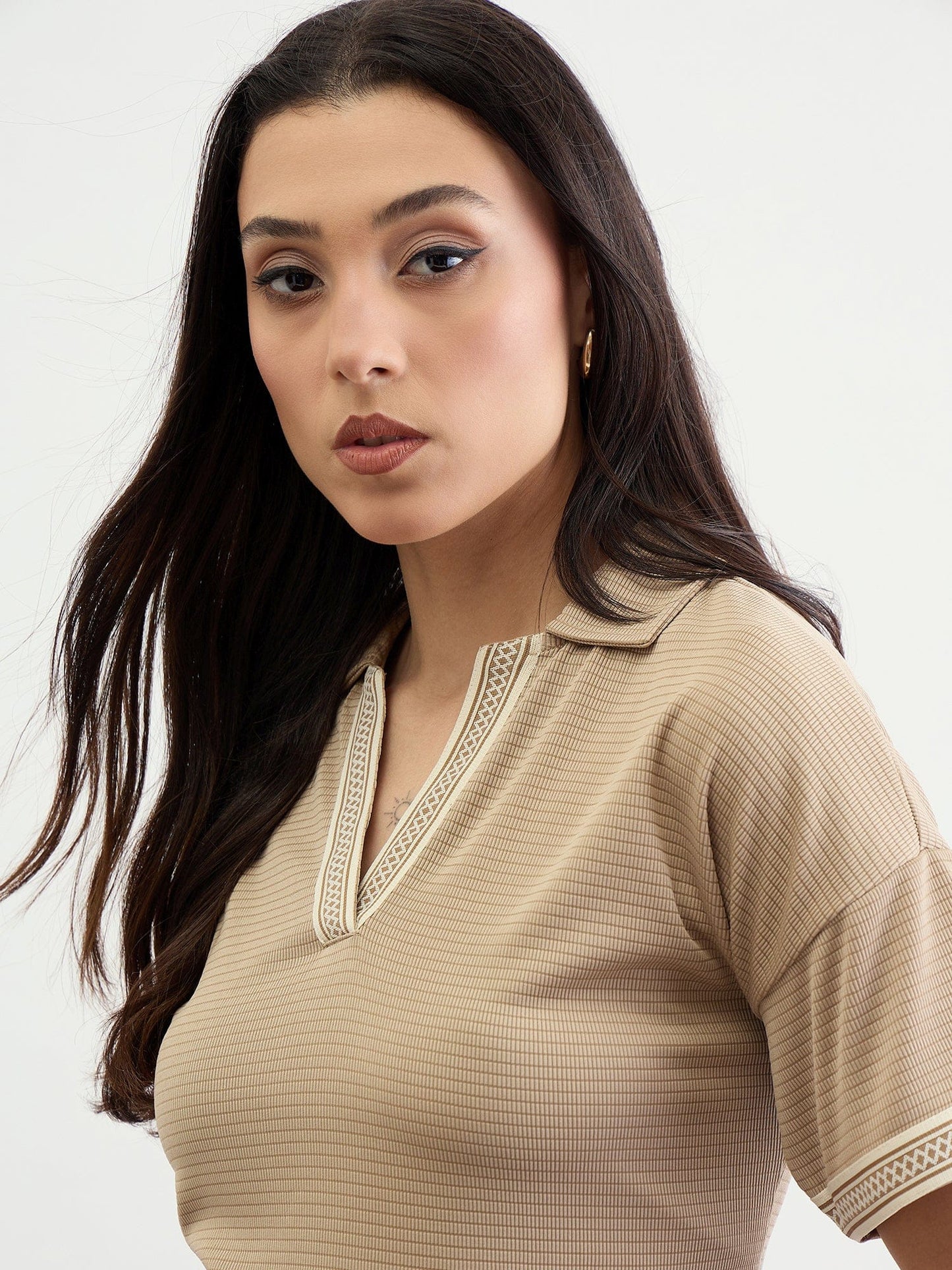 Iconic Women Beige Textured Johnny Collar Tshirt