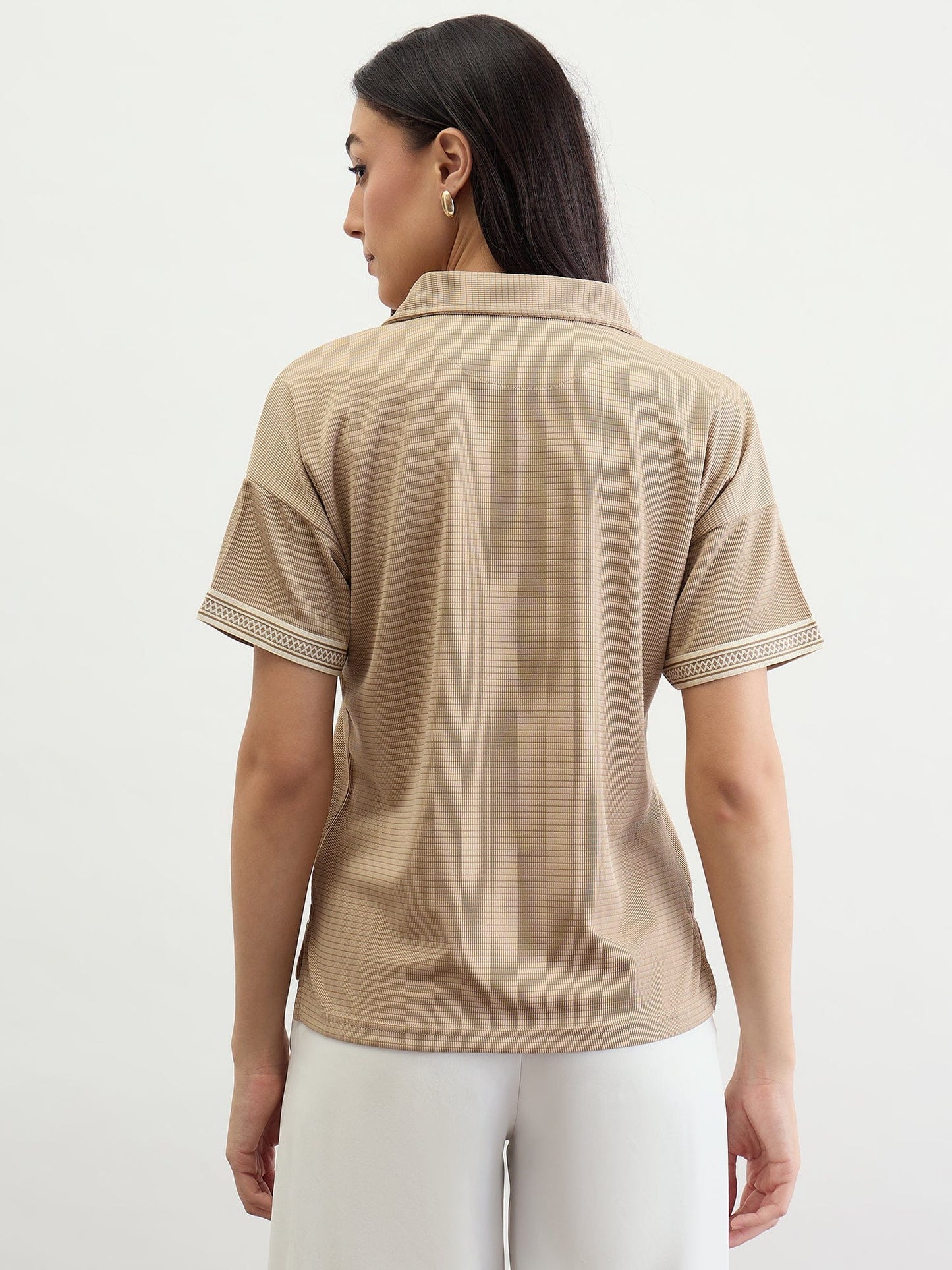Iconic Women Beige Textured Johnny Collar Tshirt