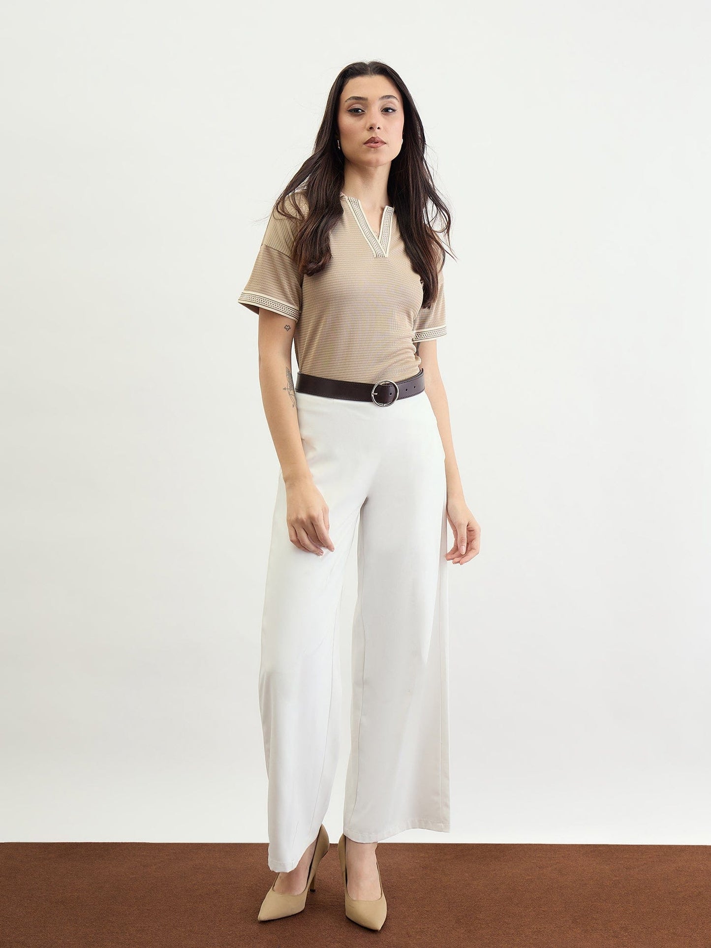 Iconic Women Beige Textured Johnny Collar Tshirt