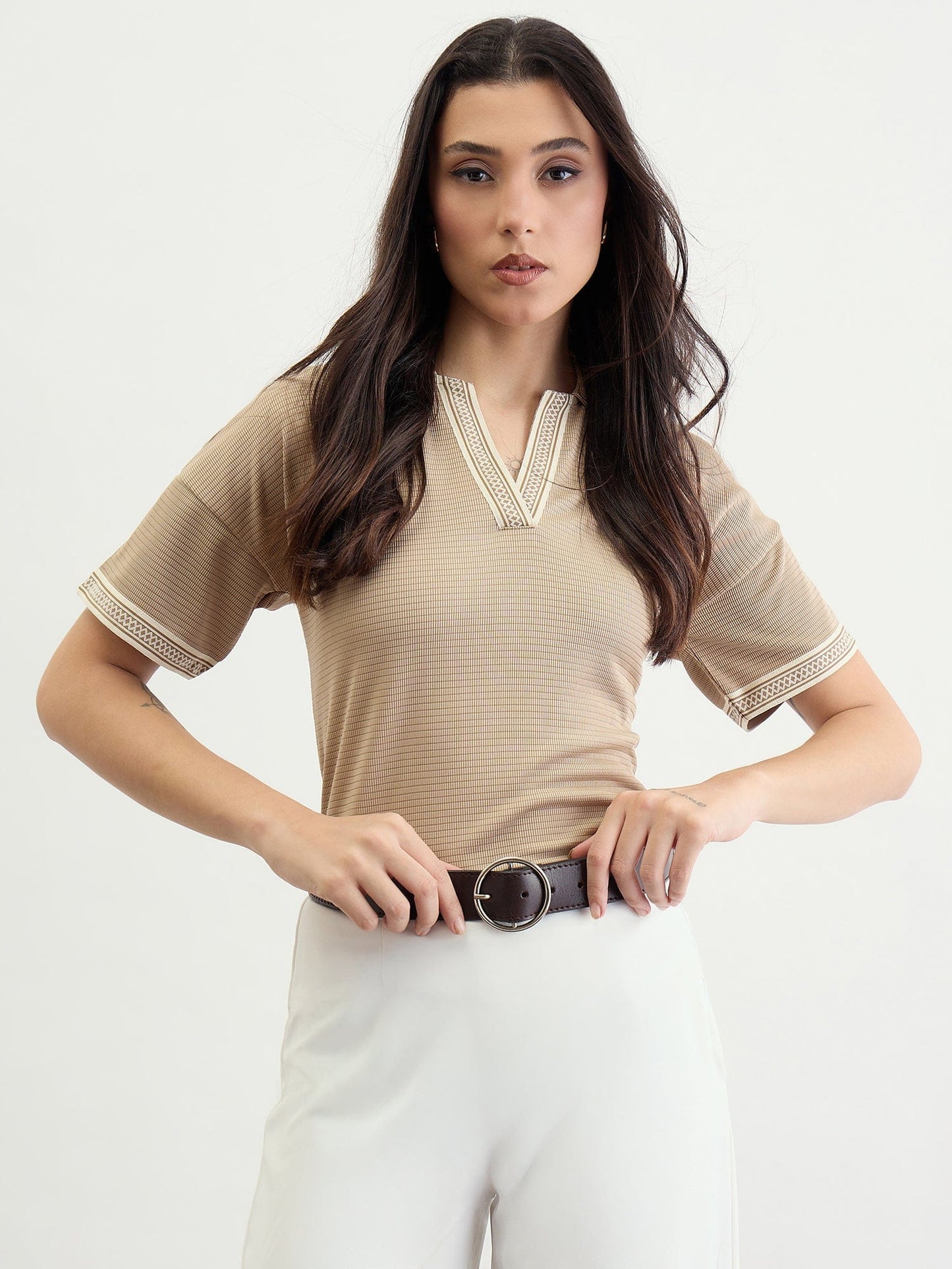 Iconic Women Beige Textured Johnny Collar Tshirt