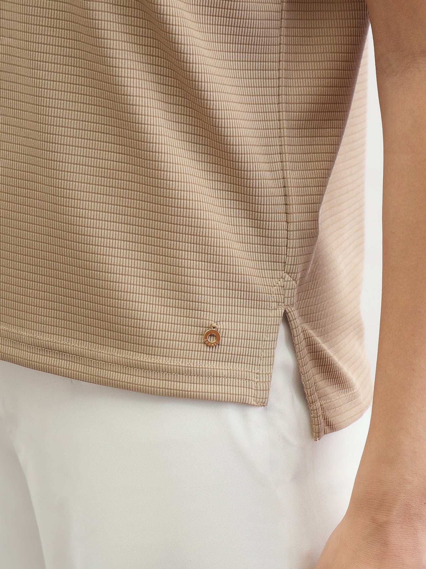 Iconic Women Beige Textured Johnny Collar Tshirt