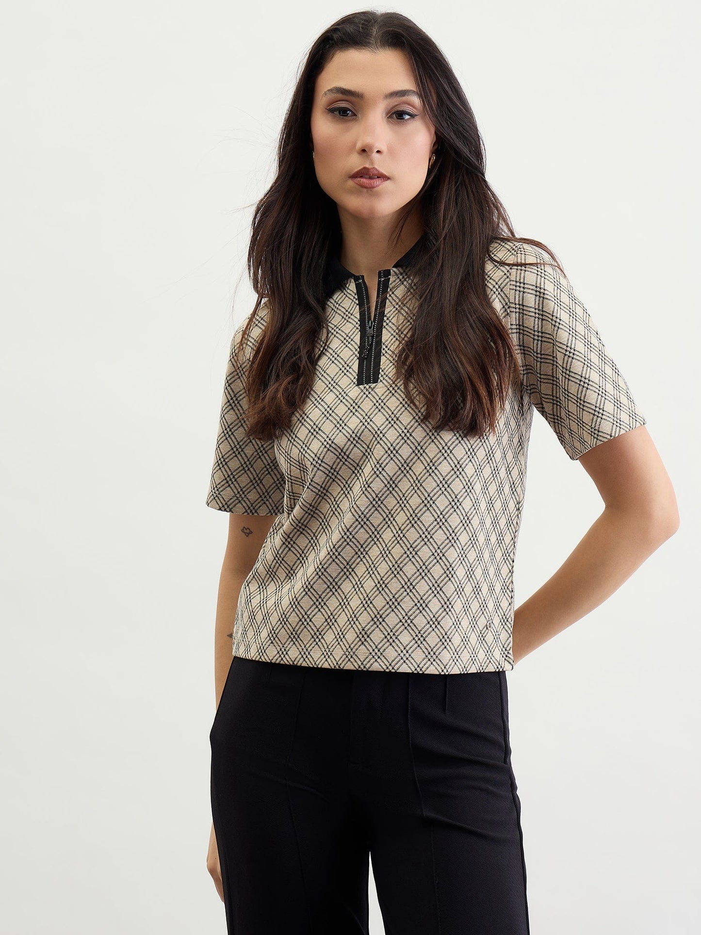 Iconic Women Beige Checks Polo Tshirt