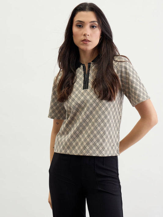 Iconic Women Beige Checks Polo Tshirt