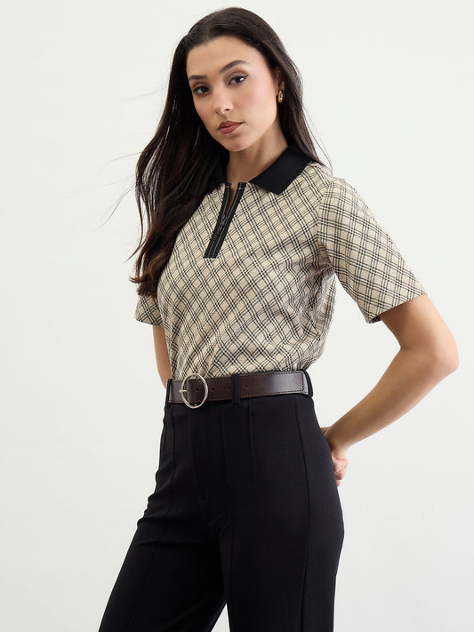 Iconic Women Beige Checks Polo Tshirt