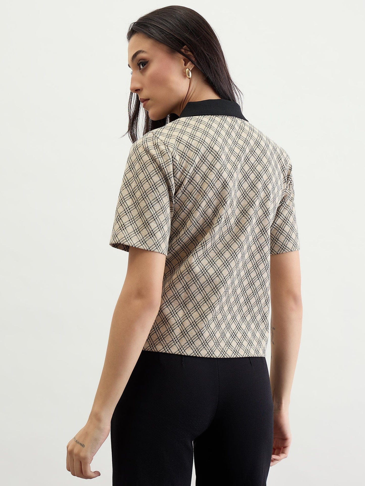 Iconic Women Beige Checks Polo Tshirt