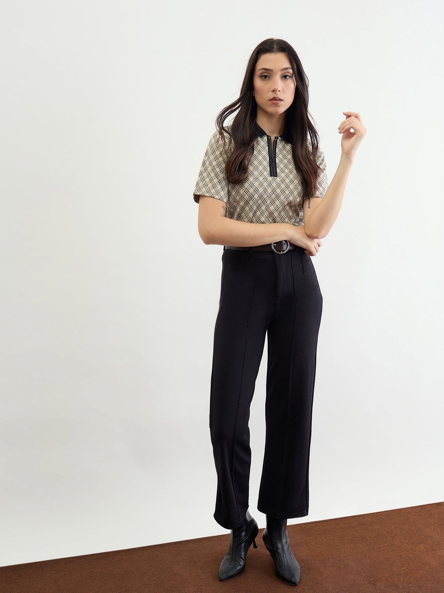 Iconic Women Beige Checks Polo Tshirt