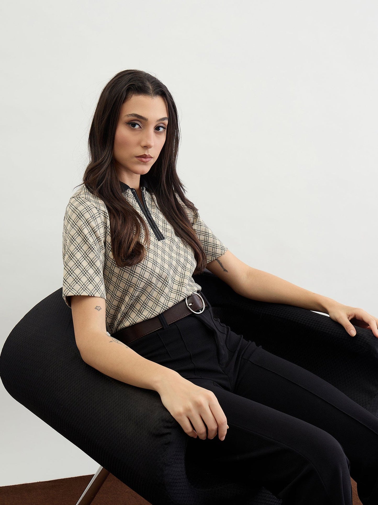 Iconic Women Beige Checks Polo Tshirt