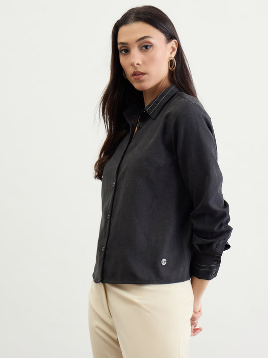 Iconic Women Black Solid Collar Shirt