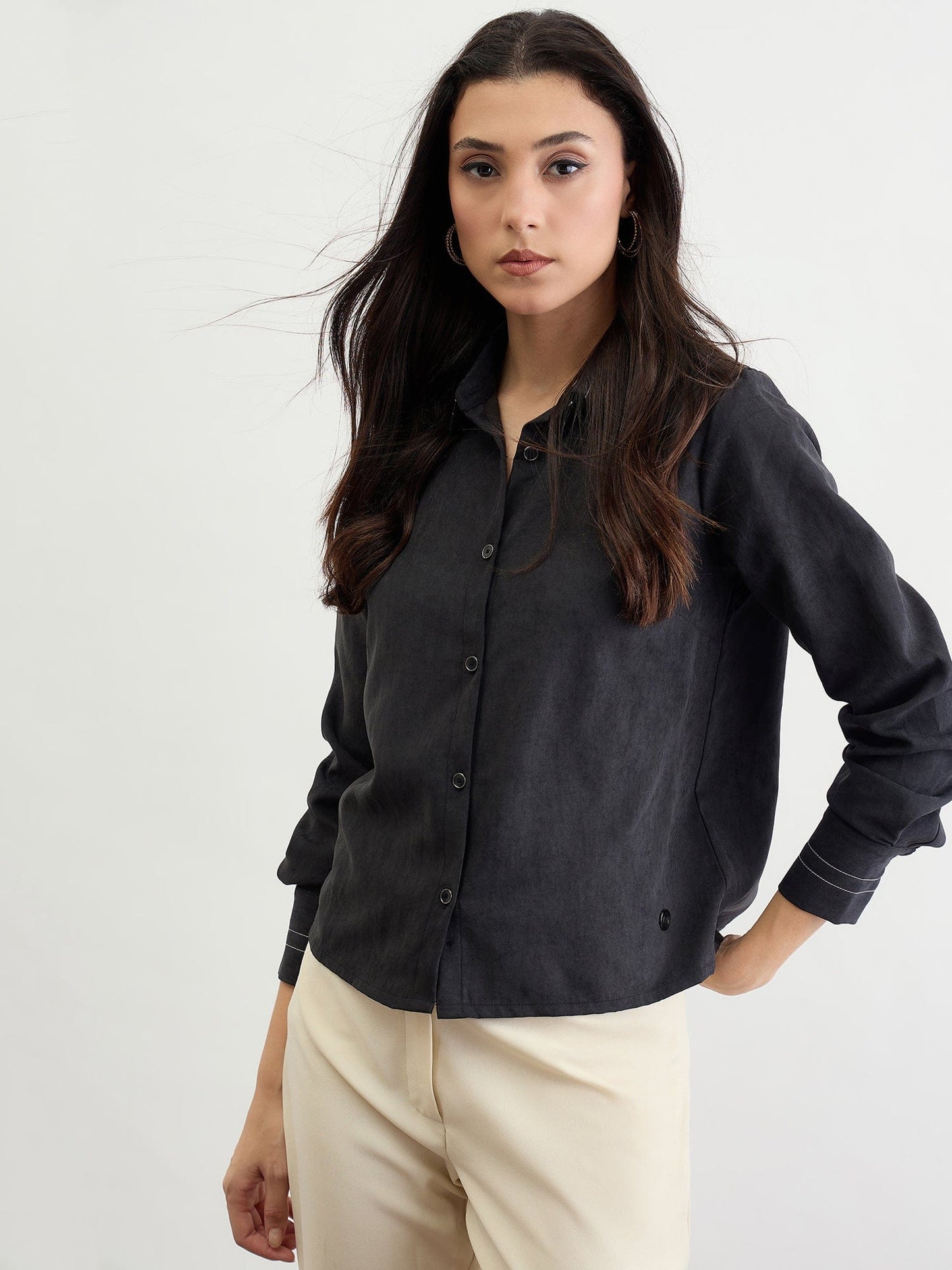Iconic Women Black Solid Collar Shirt