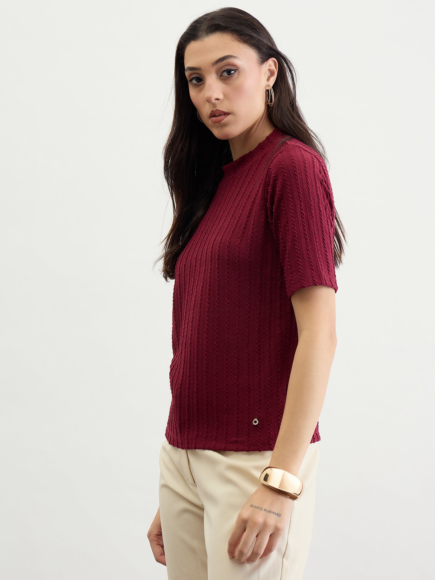 Iconic Women Red Textured Band Collar Tshirt