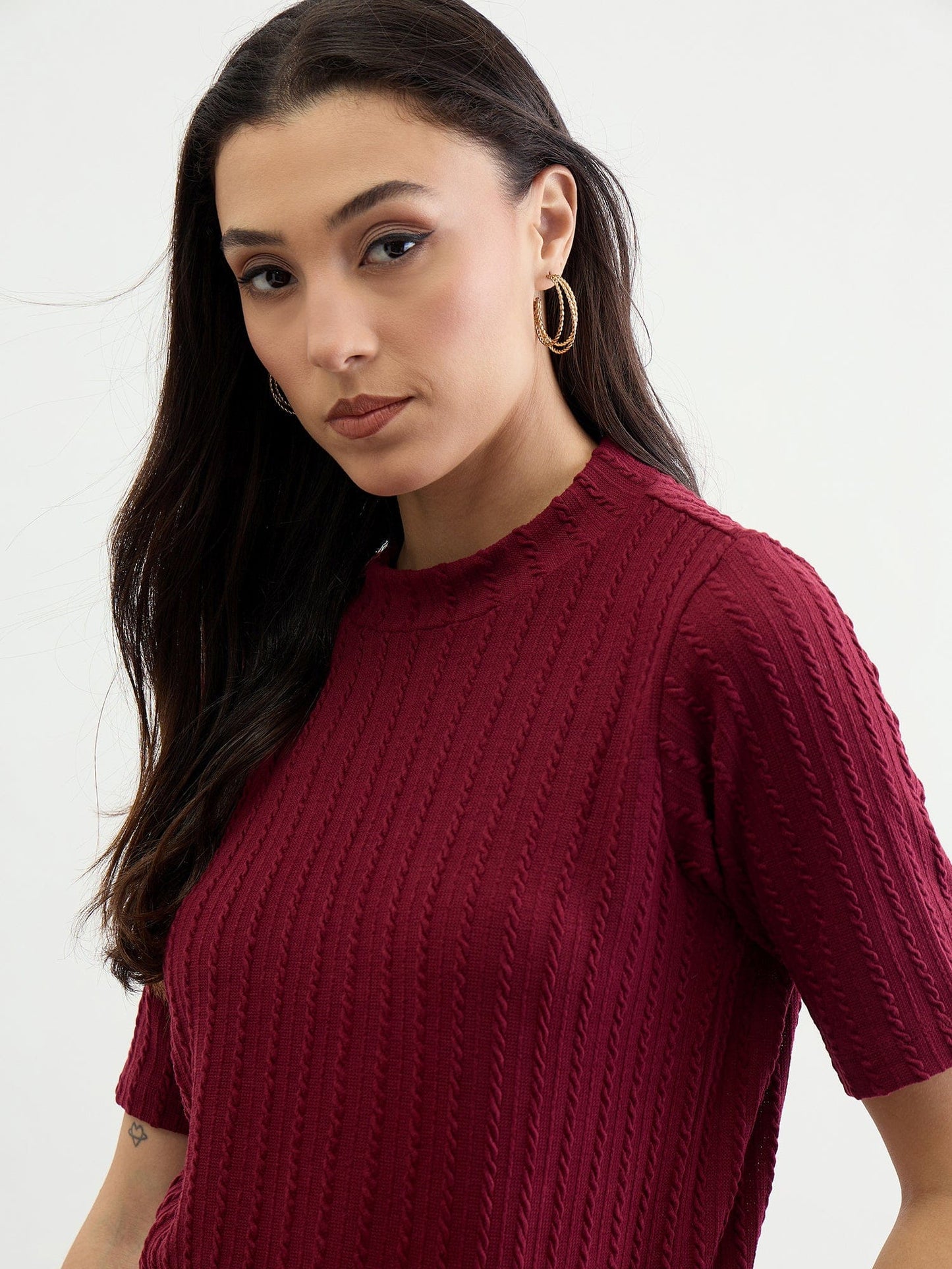 Iconic Women Red Textured Band Collar Tshirt