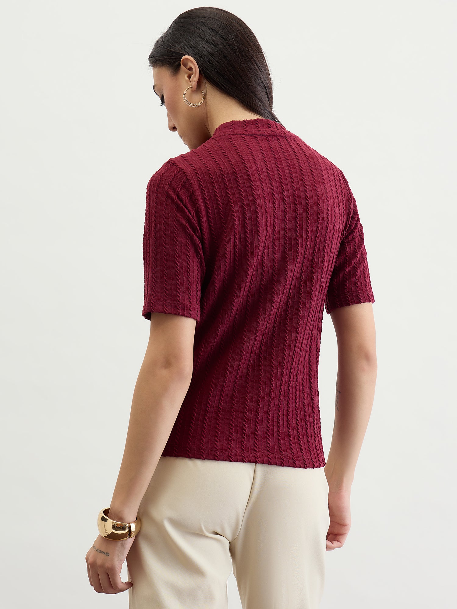 Iconic Women Red Textured Band Collar Tshirt