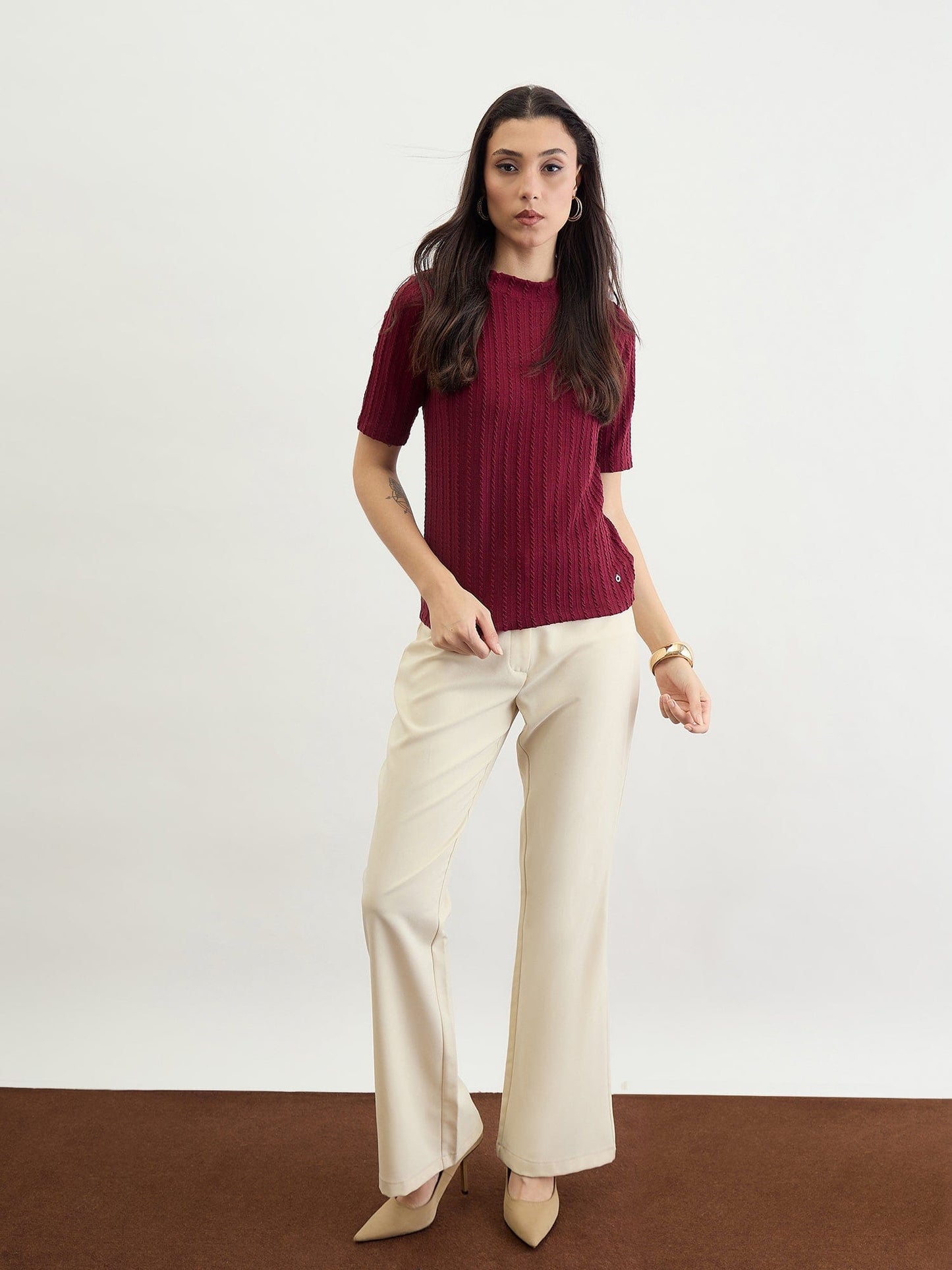 Iconic Women Red Textured Band Collar Tshirt