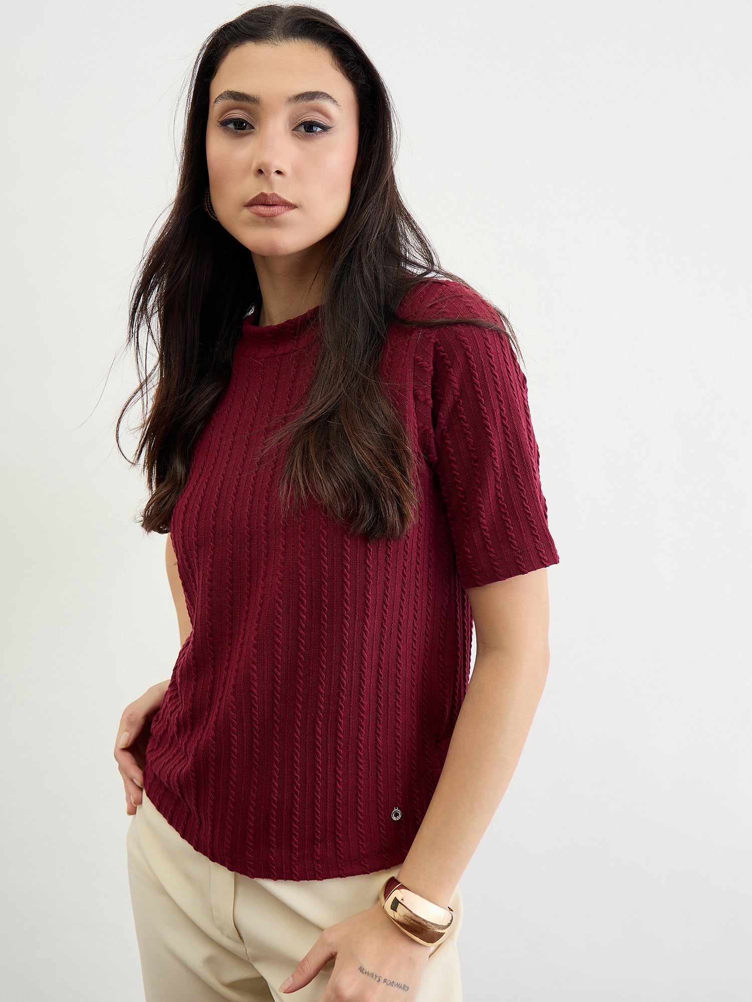 Iconic Women Red Textured Band Collar Tshirt