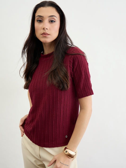 Iconic Women Red Textured Band Collar Tshirt