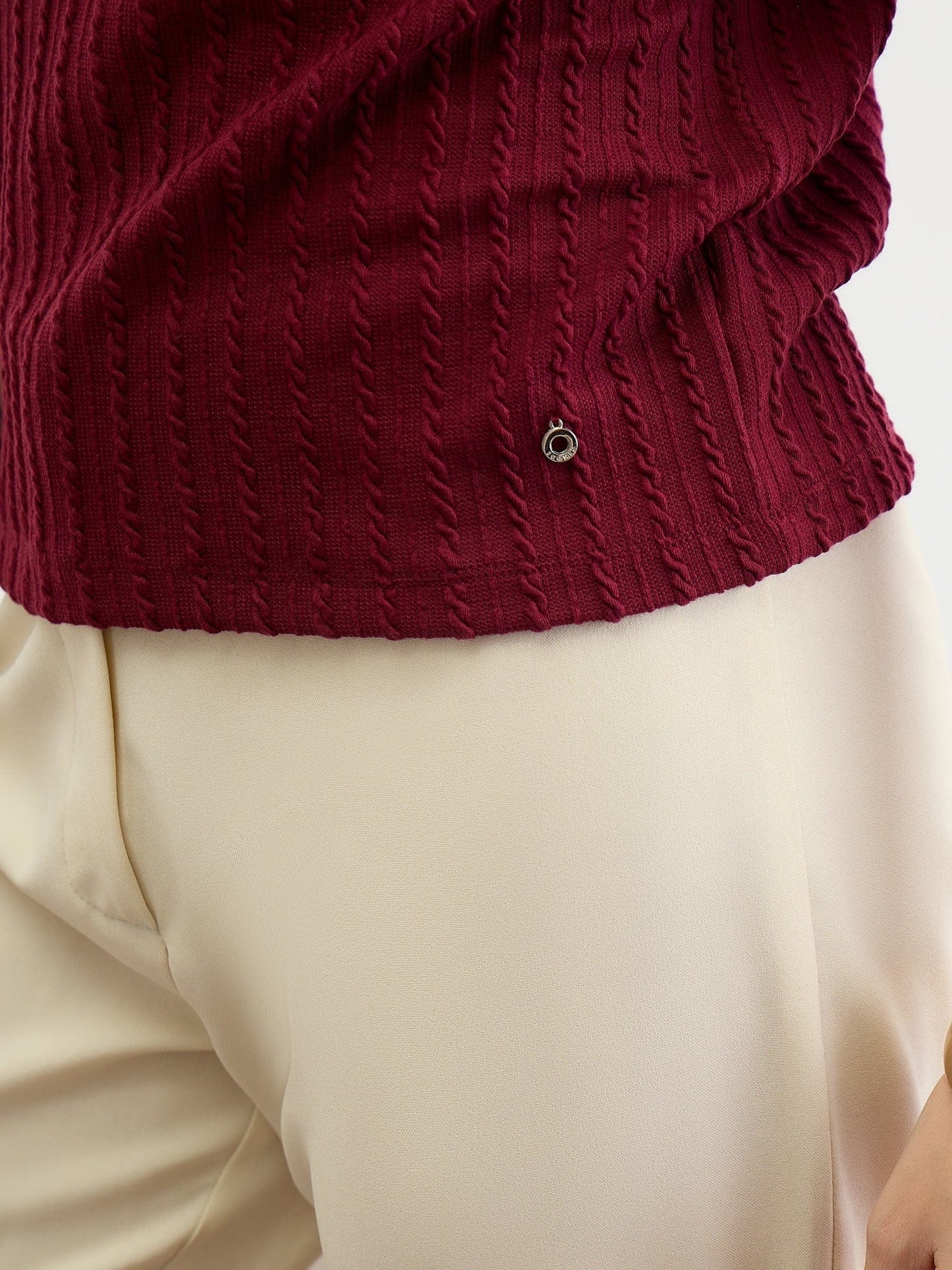 Iconic Women Red Textured Band Collar Tshirt