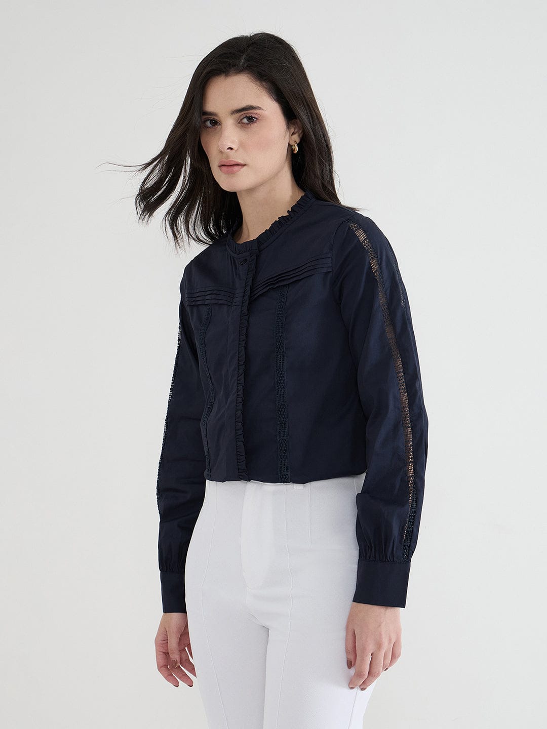 Iconic Women Blue Solid Round Neck Top