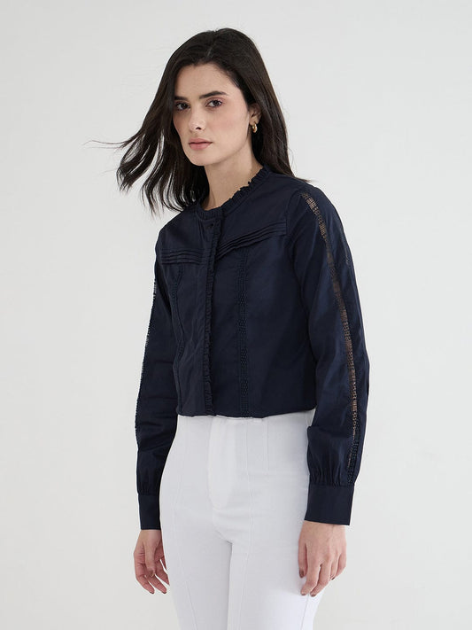 Iconic Women Blue Solid Round Neck Top