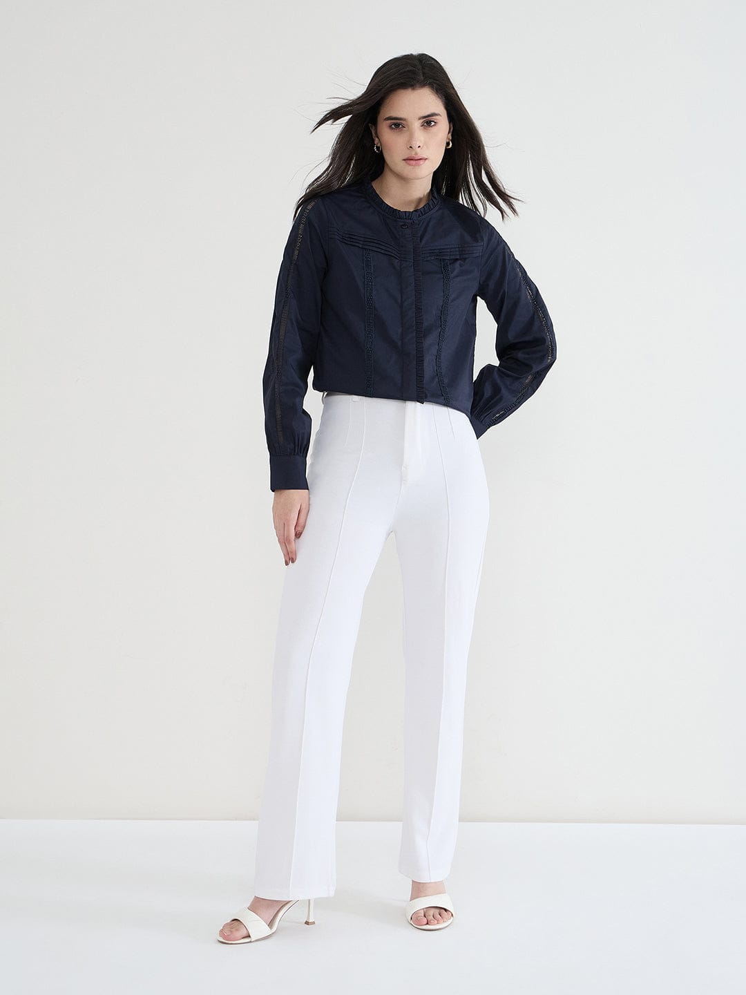 Iconic Women Blue Solid Round Neck Top