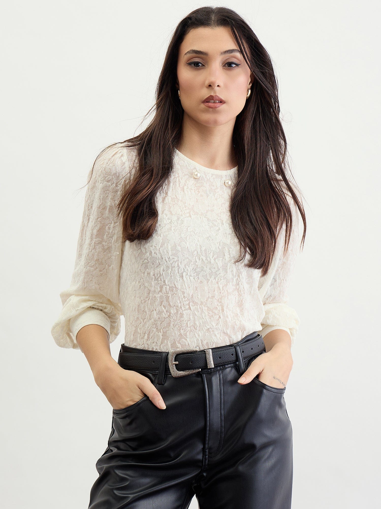 Iconic Women Beige Textured Round Neck Top