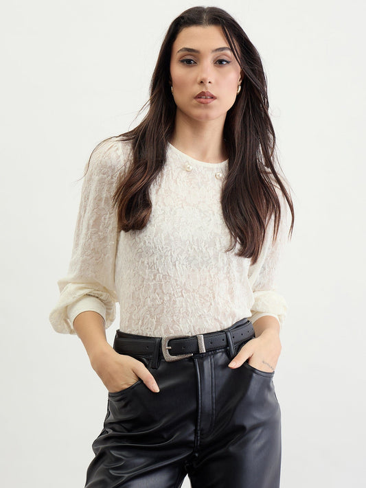 Iconic Women Beige Textured Round Neck Top