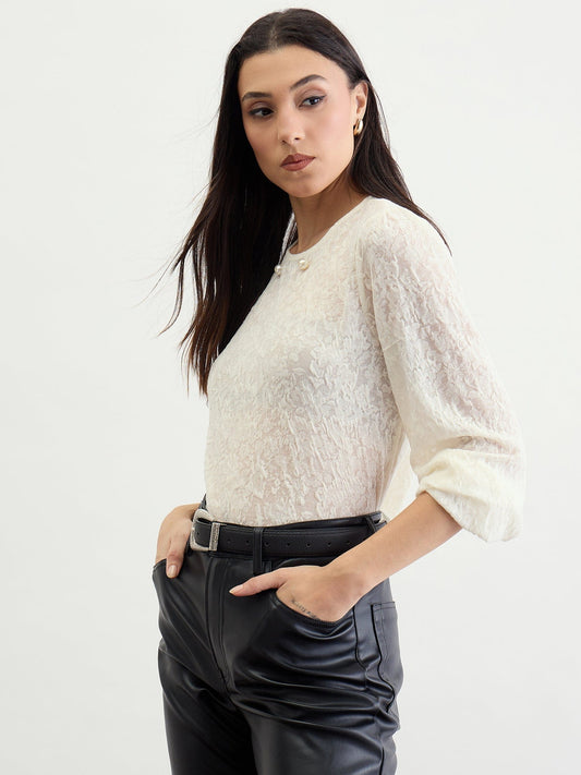 Iconic Women Beige Textured Round Neck Top