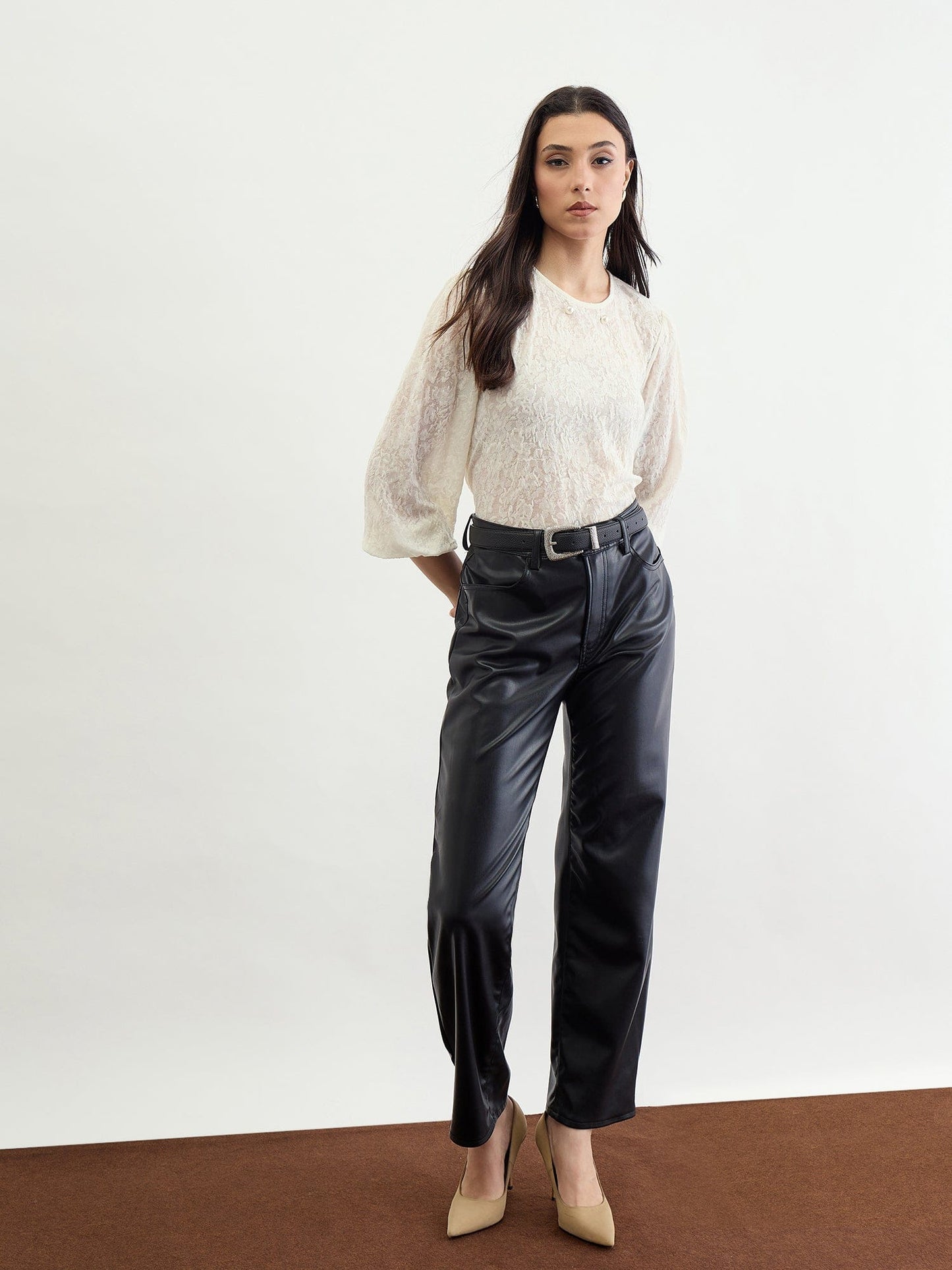 Iconic Women Beige Textured Round Neck Top