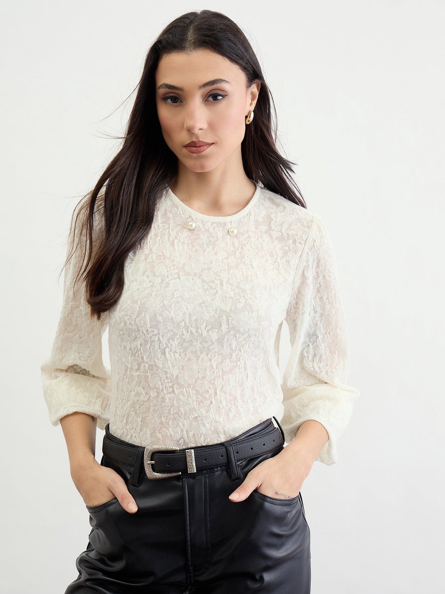 Iconic Women Beige Textured Round Neck Top