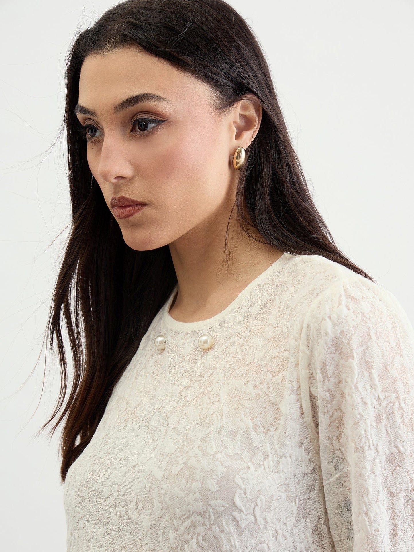 Iconic Women Beige Textured Round Neck Top