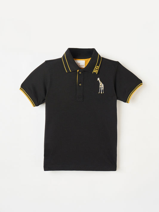 Blue Giraffe Boys Black Solid Polo Tshirt