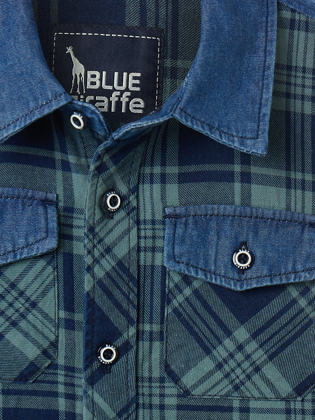 Blue Giraffe Boys Yellow Checks Collar Shirt