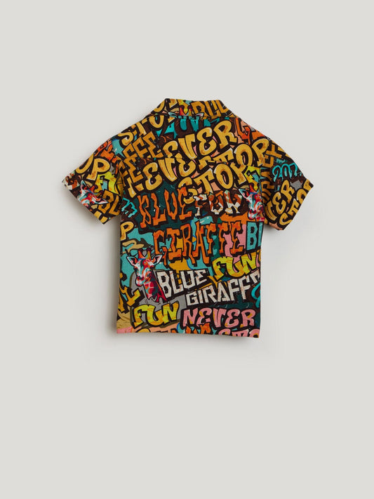 Blue Giraffe Boys Multicolor Printed Lapel Collar Shirt