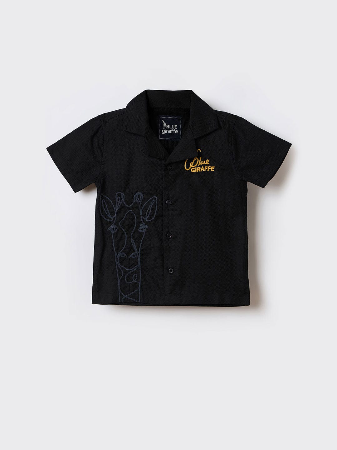 Blue Giraffe Boys Black Embroidered Lapel Collar Shirt