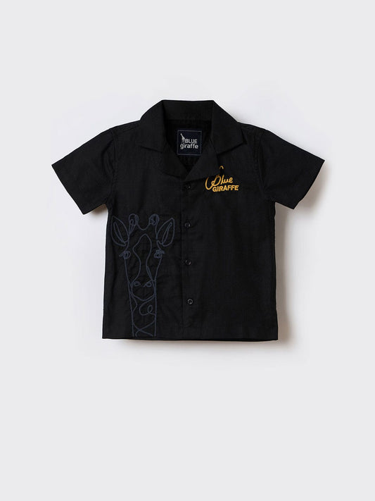 Blue Giraffe Boys Black Embroidered Lapel Collar Shirt