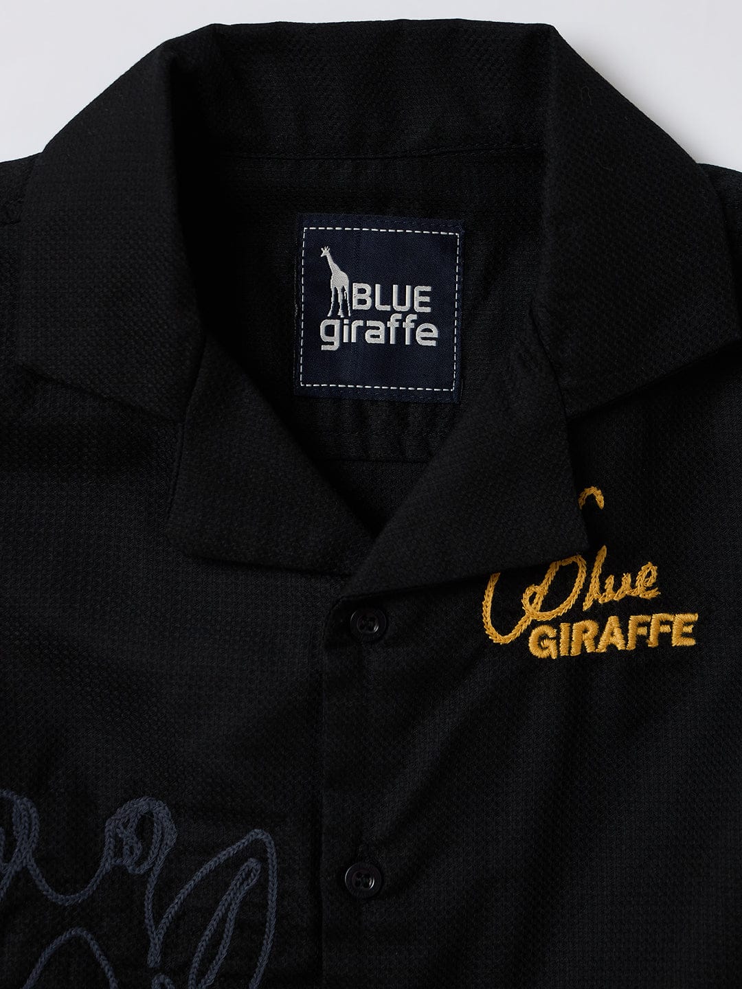 Blue Giraffe Boys Black Embroidered Lapel Collar Shirt