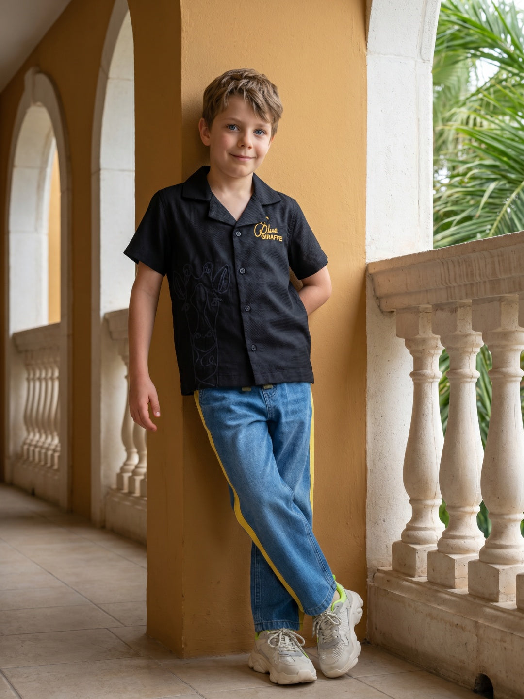 Blue Giraffe Boys Black Embroidered Lapel Collar Shirt