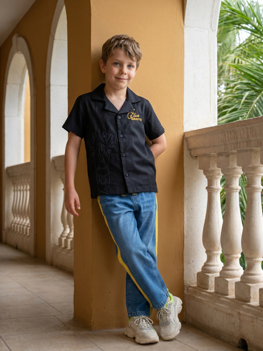 Blue Giraffe Boys Black Embroidered Lapel Collar Shirt