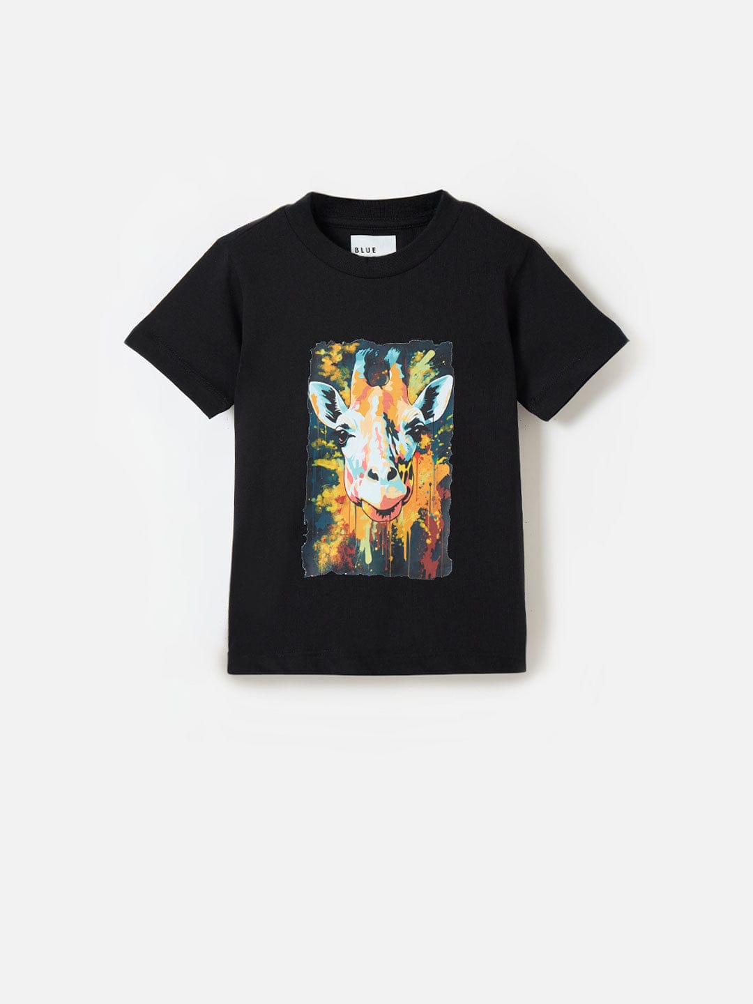 Blue Giraffe Boys Black Graphic Round Neck Tshirt