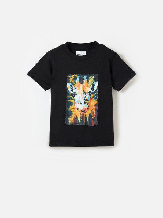 Blue Giraffe Boys Black Graphic Round Neck Tshirt