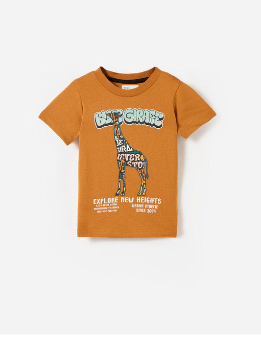 Blue Giraffe Boys Yellow Graphic Round Neck Tshirt
