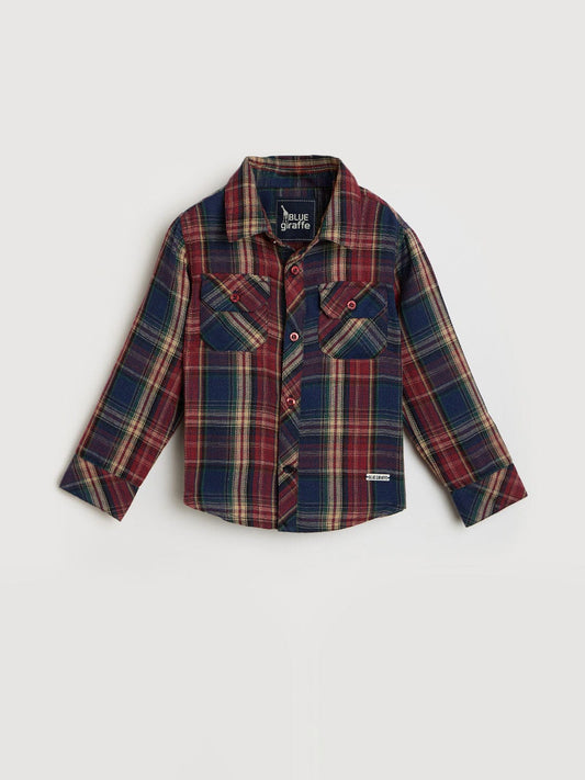 Blue Giraffe Boys Red Checks Collar Shirt
