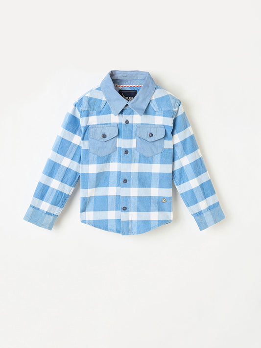 Blue Giraffe Boys White Checks Collar Shirt