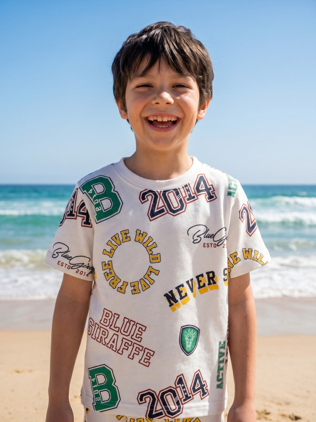 Blue Giraffe Boys White Graphic Crew Neck Tshirt