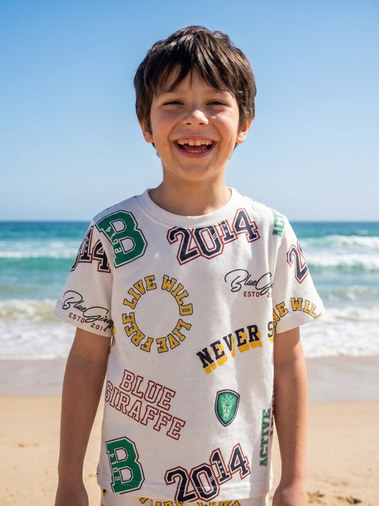 Blue Giraffe Boys White Graphic Crew Neck Tshirt