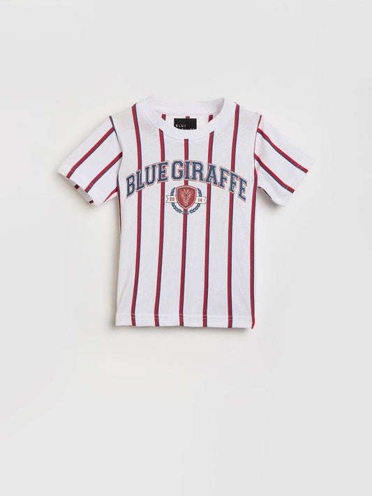 Blue Giraffe Boys White Striped Crew Neck Tshirt